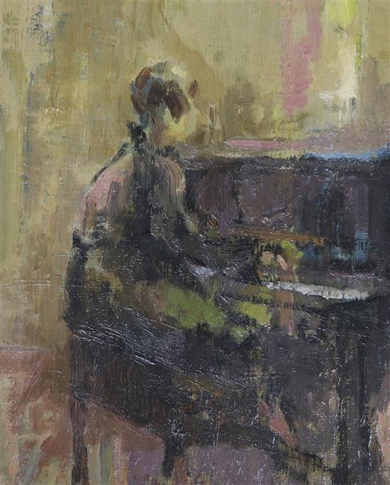 James Carlisle, oil on board, Woman at the piano, 24 x 19cm